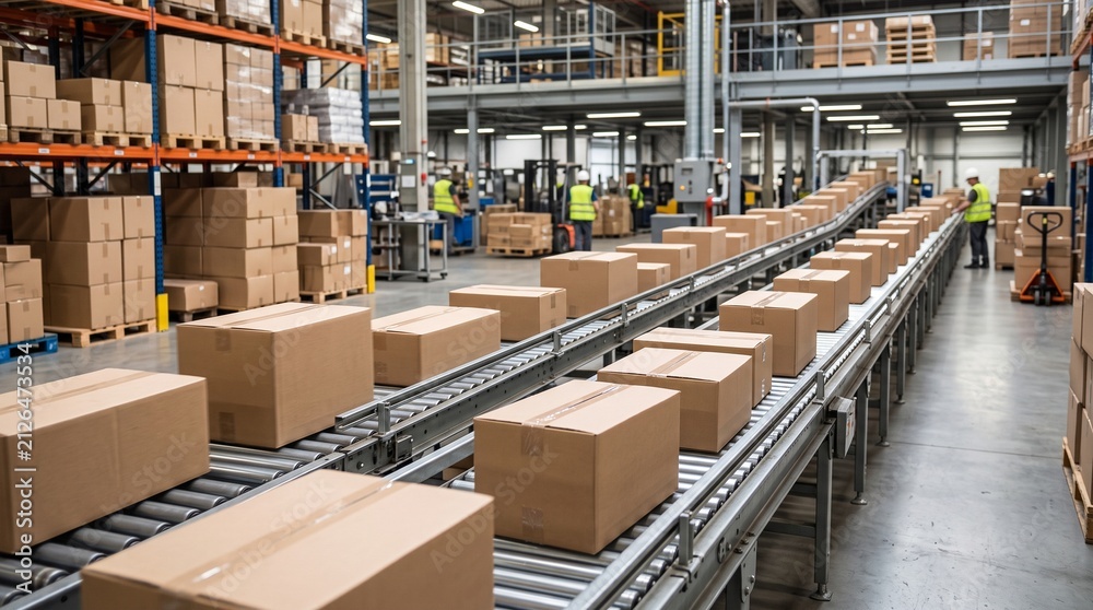 Fototapeta premium Automated Warehouse Conveyor Belt System Moving Cardboard Boxes for Distribution and Logistics