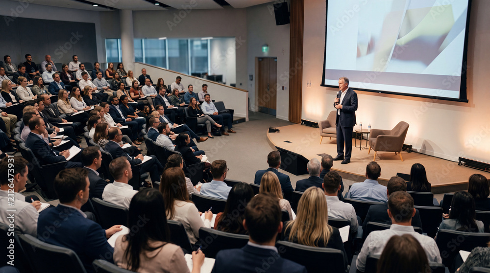 Obraz premium A speaker delivers a presentation to a large professional audience in a modern lecture hall, representing education, corporate communication, training, and public speaking.