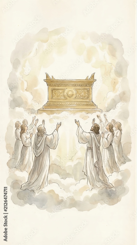 Obraz premium Group of man and woman worshiping the golden ark of the covenant in heaven. Biblical scene of revelation depicting the holy sanctuary. Religious illustration of spiritual devotion prayer.
