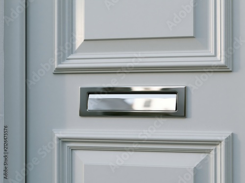 Sleek stainless steel mail slot on a clean painted front door in a modern home