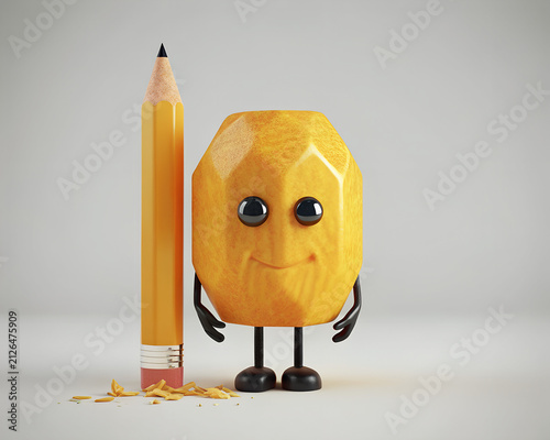 Cute 3D Pencil Sharpener Character Standing Next to Pencil