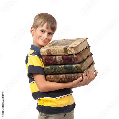 Young Boy Holding Stack of Vintage Leather Books