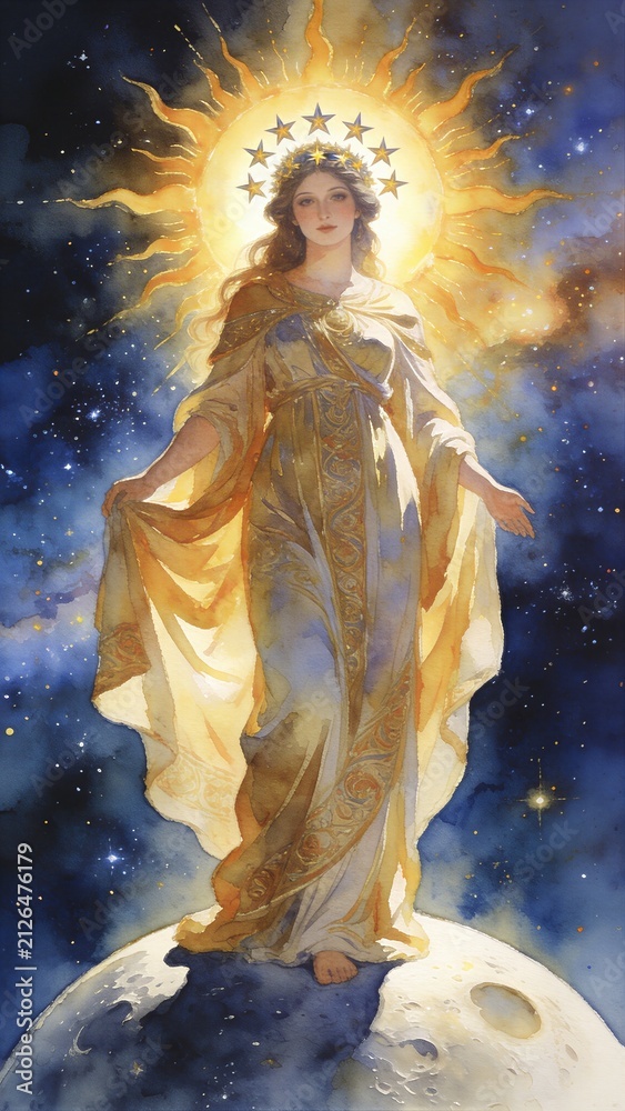 Obraz premium Woman with sun and star halo standing on moon in cosmic space. Biblical revelation scene depicting majestic figure from apocalypse. Religious art representing divine prophecy concept.