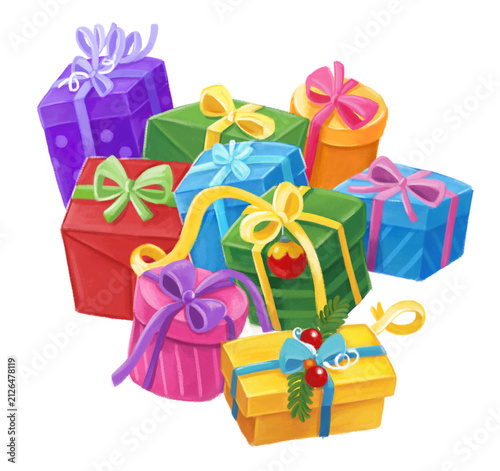 cartoon christmas scene with presents for holidays or birthday on white background illustration for kids