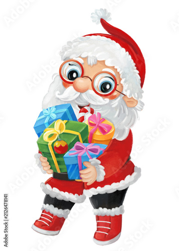cartoon happy christmas scene with santa claus with presents illustration for kids