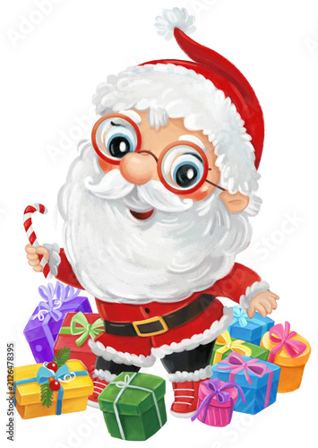 cartoon happy christmas scene with santa claus with presents illustration for kids