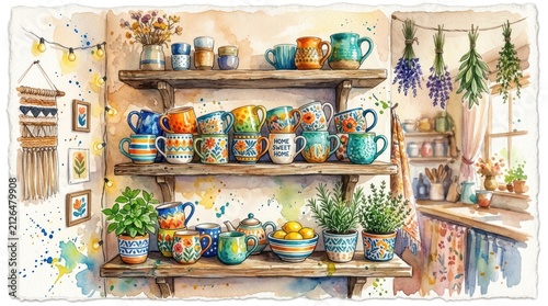 Cozy farmhouse kitchen shelf with colorful teacups