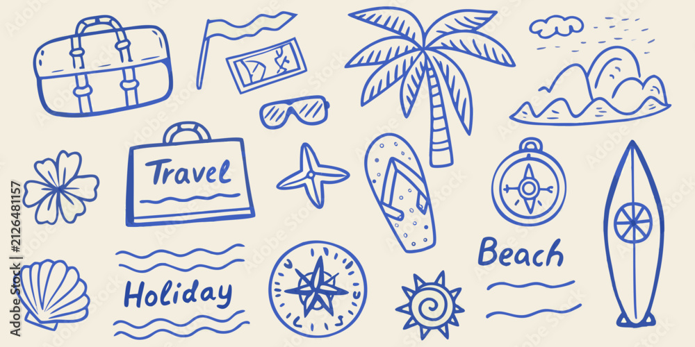 Obraz premium Hand drawn blue line art doodle set of summer travel items and beach elements on a light background holiday vacation sun sea ocean
