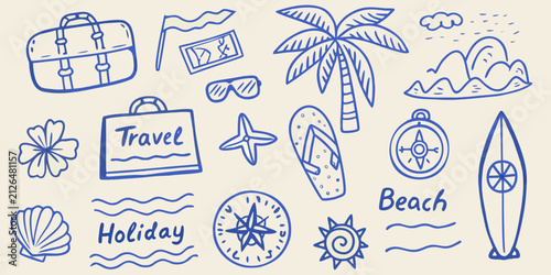 Hand drawn blue line art doodle set of summer travel items and beach elements on a light background holiday vacation sun sea ocean