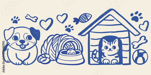 Blue line art illustration depicting a dog cat dog house food bowl and paw prints on a cream background puppy kitten pet animal