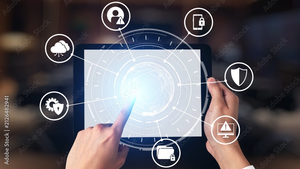 Fototapeta premium Cyber security protection and cyber security strategies against cyber threats, system hacks, digital breaches, network attacks, and safeguarding data with strong cyber security infrastructure. Spire