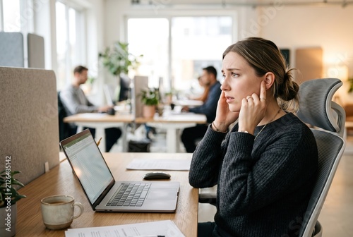 A woman works at a desk in a busy office space. She has a laptop open in front of her and holds her ears with a worried expression. Other people are also working nearby