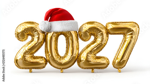 2027 golden balloons in Santa hats.