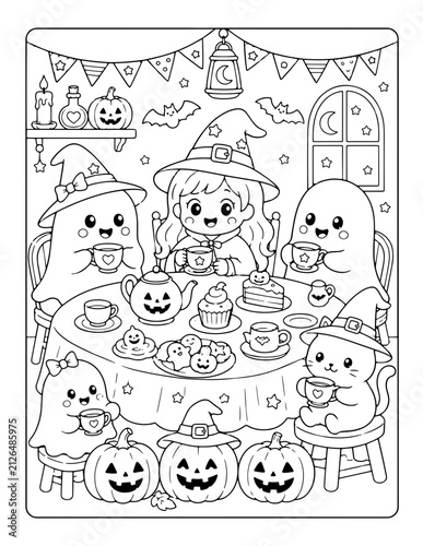 cute halloween tea party coloring page with little witch friendly ghosts pumpkins and sweet treats for kids printable vector illustration
