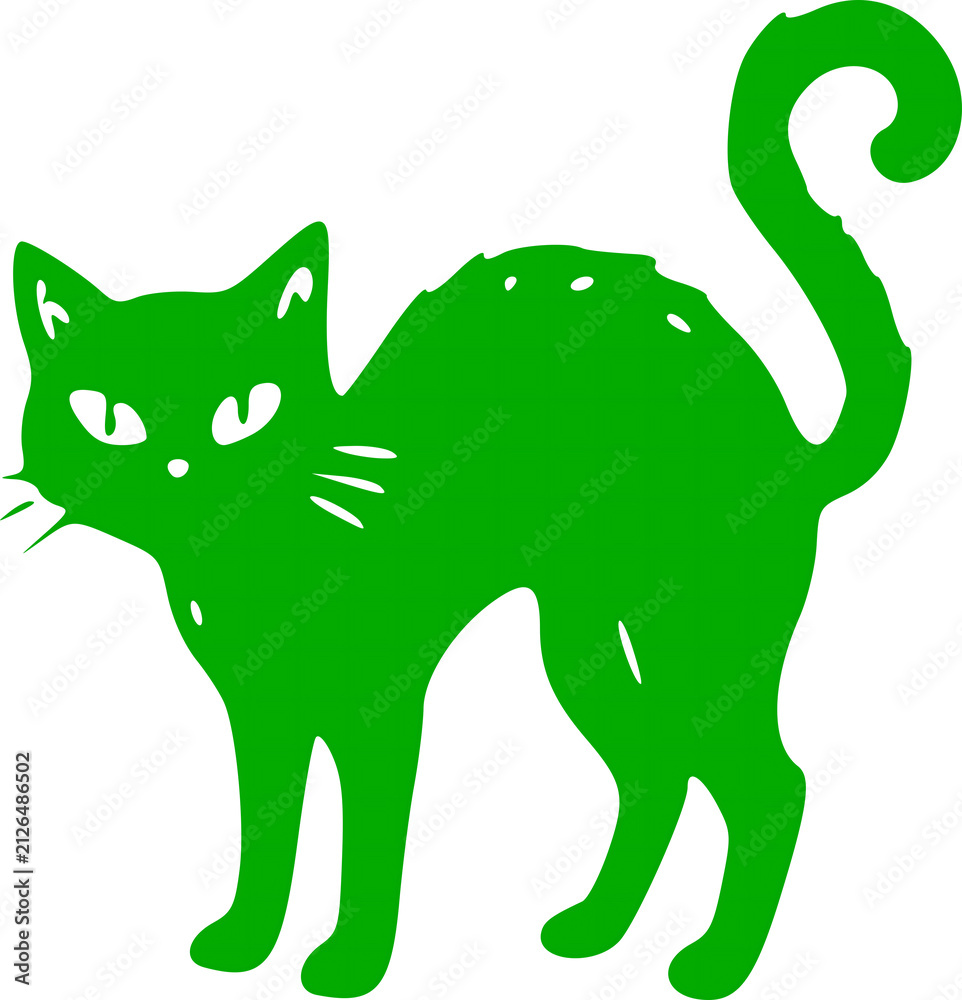 Fototapeta premium Green silhouette Halloween icon featuring a creepy frightened black magic cat with an arched back vector graphic design element for seasonal autumn art