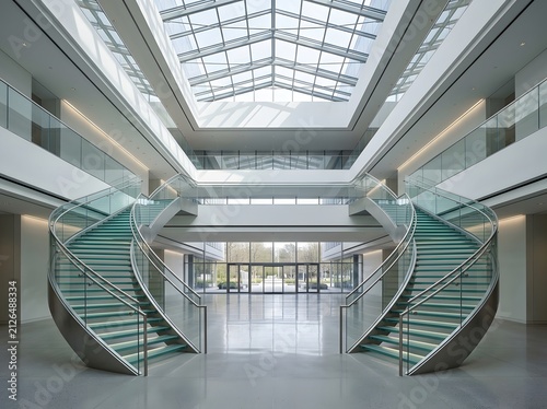 Modern office building lobby with twin curved glass staircases