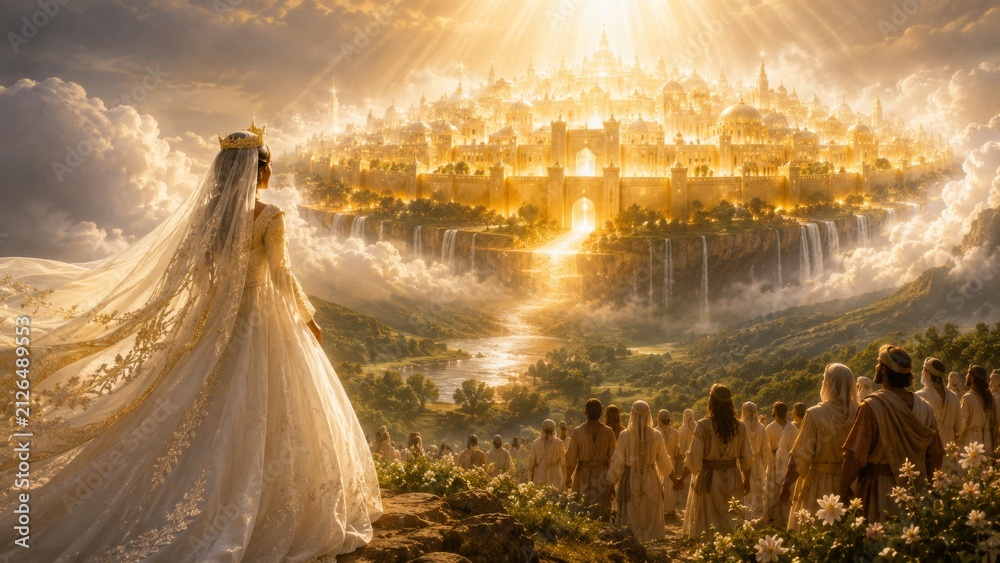 Obraz premium Woman in wedding dress looking at golden city in heaven. Crowd of people gathering before celestial gates. Spiritual afterlife concept. Religious faith and divine hope illustration.
