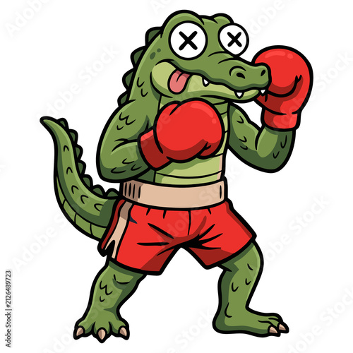 Cute Cartoon Crocodile Boxer Character Vector Illustration