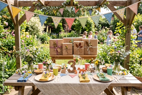 People gather around a table set in a garden filled with flowers. The table has gifts, drinks, and decorations. Everyone enjoys the sunny day and the cheerful atmosphere