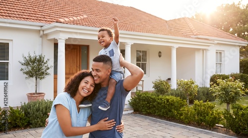 Happy Black Family Standing Outside Their New Suburban Home
