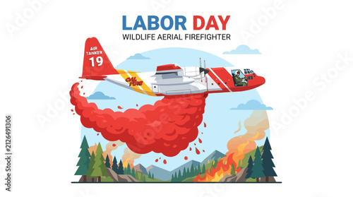 Aerial firefighter piloting tanker aircraft over forest fire for labor day emergency services illustration
