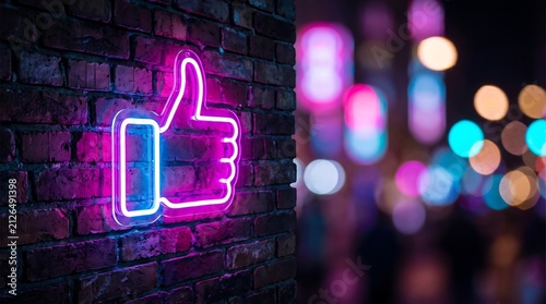 Social Media Thumbs Up Neon Sign Glowing on Dark Brick Wall