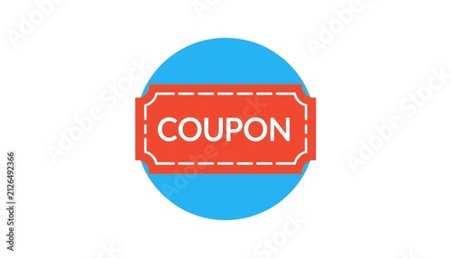 Minimalist coupon icon on blue circle background, red discount ticket graphic, promotional sale voucher for retail marketing