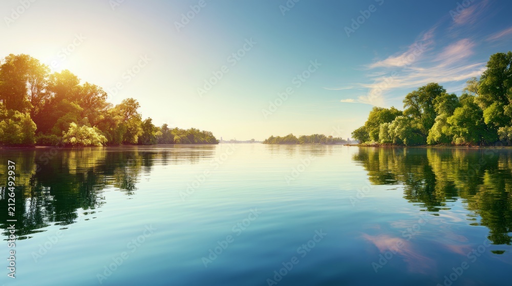 Obraz premium Serene River Landscape with Lush Green Trees Reflecting on Calm Water Under Clear Blue Sky at Sunrise with Soft Light and Tranquil Atmosphere