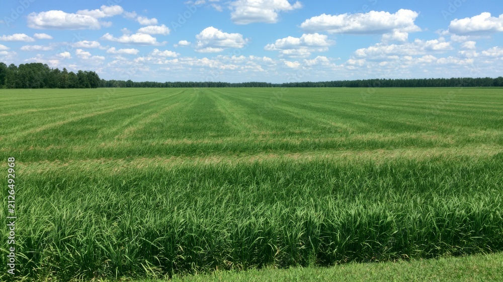 Obraz premium Lush Green Rice Field Under Bright Blue Sky with White Clouds in Rural Landscape Captured on a Sunny Day in Agricultural Region
