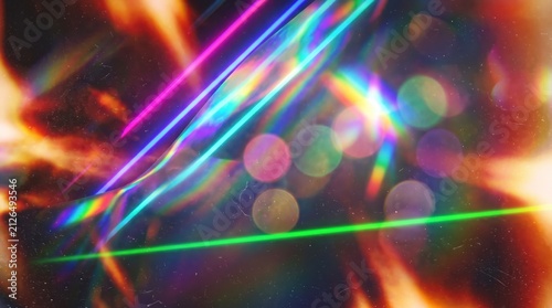 Abstract Neon Light Leaks With Prismatic Rainbow Flares And Soft Bokeh Circles On Dark Background