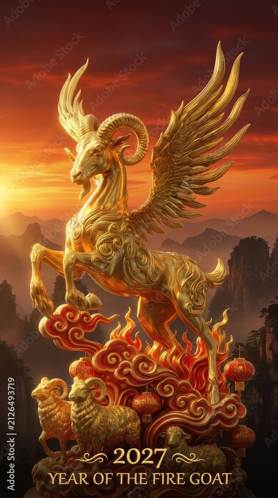Fototapeta premium Mythical winged beast: 2027 calendar, Chinese New, Eastern template, Fire Goat, golden Sheep, invitation card, poster flyer, text space, design wallpaper, copy background, congratulation banner.