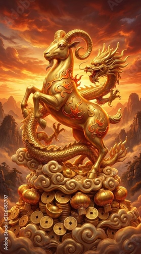 Golden ram statue: Chinese calendar, fire goat, copy space, happy holiday, yellow sky, Eastern dragon, wealth symbol, invitation card, metallic sheep, business flyer.