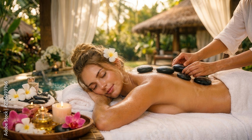 Woman, hot stone and spa massage for relax treatment at hotel resort for muscle tension, recovery or peace. Female person, sleeping and stress relief luxury for Bali holiday or calm, health or glow