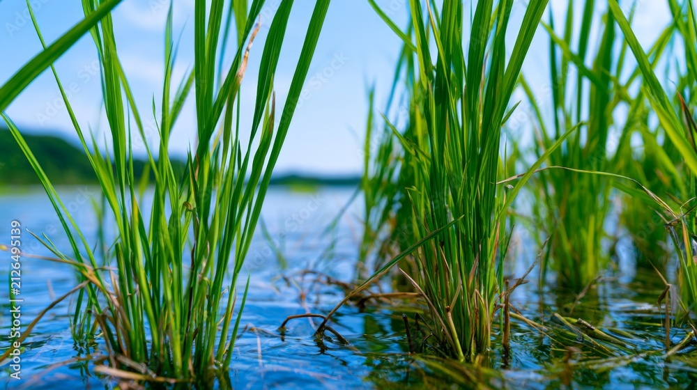 Obraz premium Lush Green Grass Blossoming Along a Sparkling Water Surface Under a Clear Blue Sky in a Serene Outdoor Environment