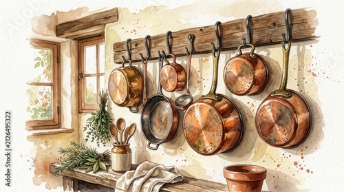 Rustic copper cookware hanging in sunlit kitchen corner