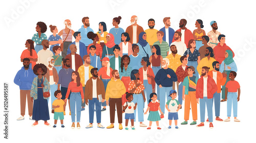 Large diverse group of people standing together in colorful clothes