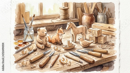 Woodworking toys scene with animals and blocks