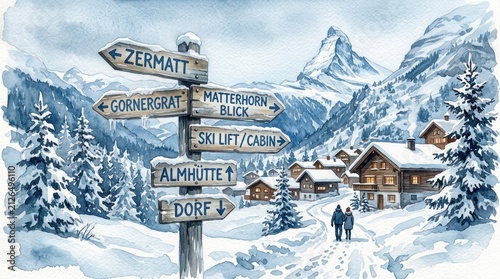 Snowy alpine village with ski wayfinding signs