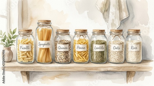 Kitchen pantry jars with labeled pasta and grains