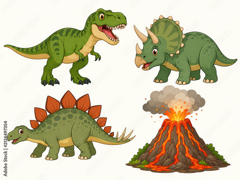 Fototapeta premium Cute Cartoon Dinosaurs and Erupting Volcano Character Set