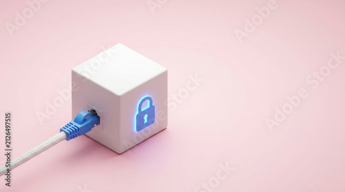 Network cable plugged into port on white cube with glowing lock symbol on pink background