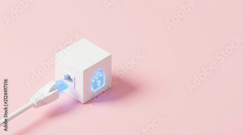 Network cable plugged into port on white cube with glowing lock symbol on pink background