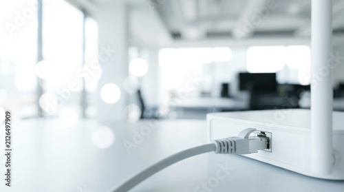 Network cable plugged into port of wireless router on white table in bright office