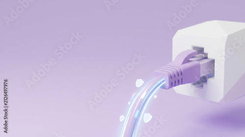 Network cable plugged into port with glowing data flow on purple background digital connection concept