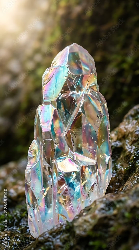 Obraz premium Shining iridescent crystal point among mossy stones in nature