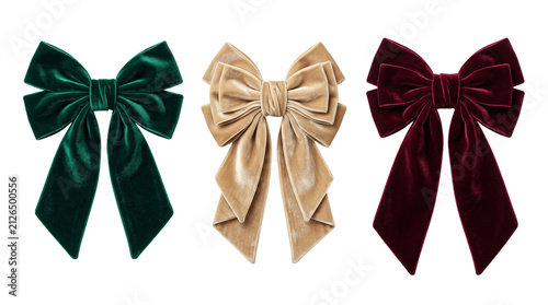 Luxury velvet bows isolated on white background, elegant Christmas decorative elements for gifts and seasonal layouts.