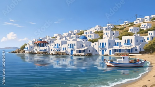 Traditional blue and white houses on a Greek island coast.