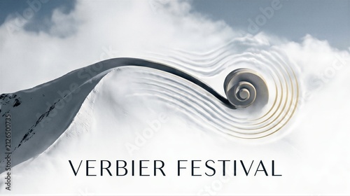 Abstract musical treble clef symbol integrated into a snow mountain peak. Classical music festival concert concept in Swiss alps. Winter landscape creative design for cultural event.