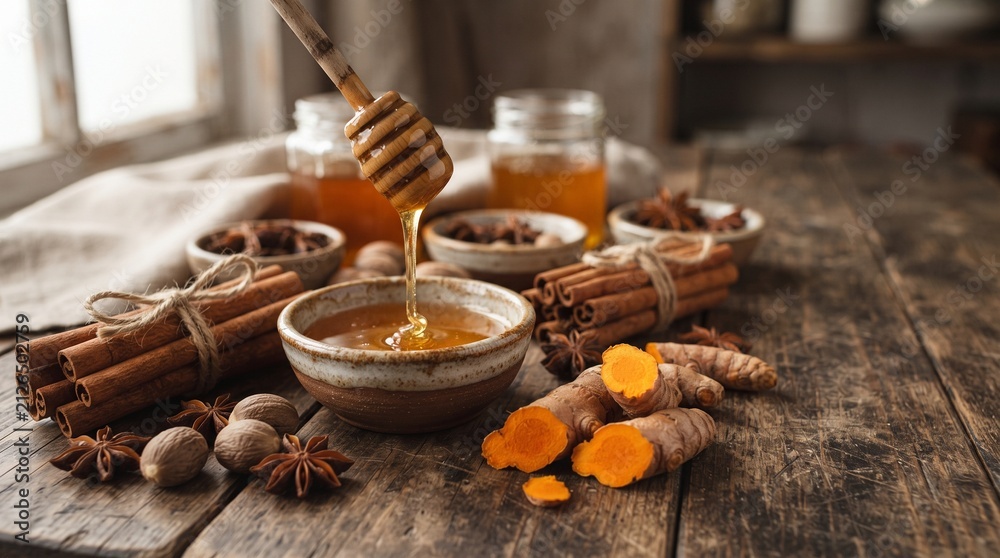 Fototapeta premium Hot Coffee Cup with Cinnamon Spices and Roasted Coffee Beans on Rustic Wooden Table Cozy Breakfast Beverage with Vintage Winter Aroma and Christmas Nuts Closeup