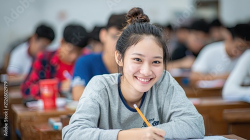 Smiling Asian Student Studying in Classroom
